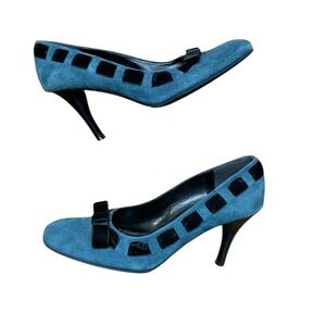 Massimo Baldi Unique Teal Suede Heels w Black Velvet Ribbon Woven